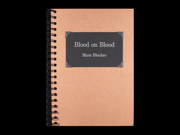 By Mare Blocker, M Kimberly Press.  Artists' Book. Letterpress with linocut illustrations.
Spiral bound photo album. Edition of 36, 1999.