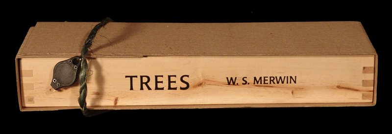 by W.S Merwin. 
Images and visual design by Charles Hobson.
Artists' Book.
Digital prints on transparent film.
Architectural model trees.
Letterpress printed.
Foil-stamped box.
Edition 6 of 30.
2010